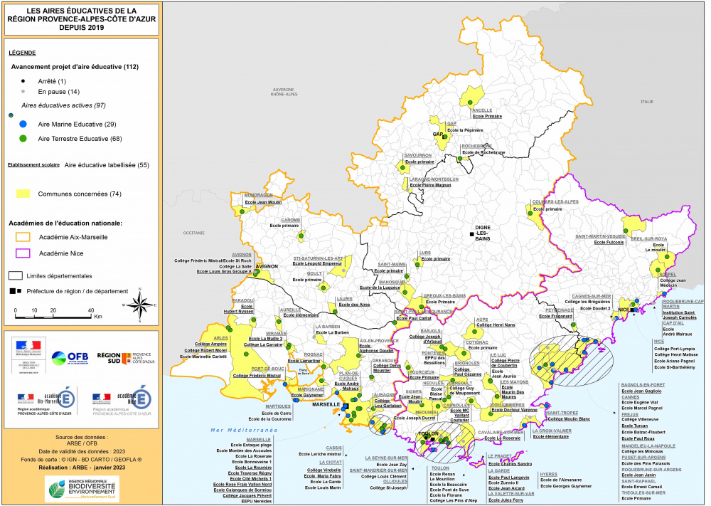 Carte des aires éducatives en Provence-Alpes-Côte-d'Azur