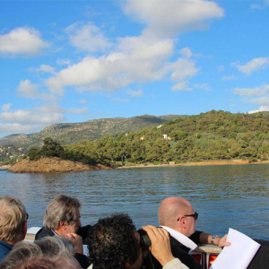 Groupe de personnes regardant un paysage depuis un bateau