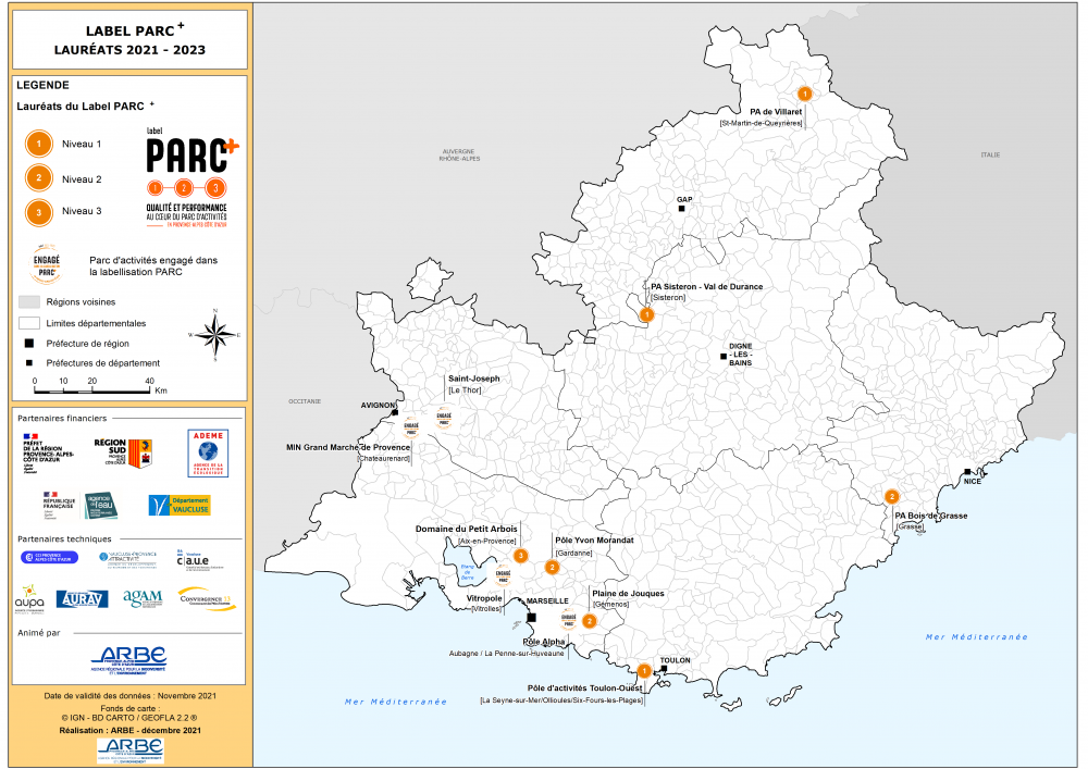 Cartographie des 11 lauréats de la 4ème édition du label PARC+ période 2021-2023<br>